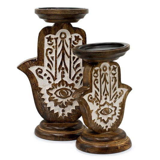 Mango Wood Candle Stand - Hamsa