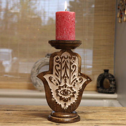 Mango Wood Candle Stand - Hamsa